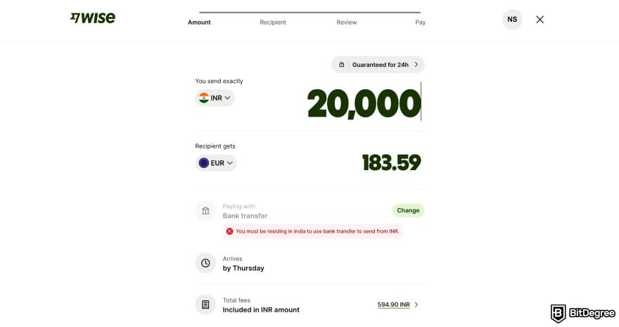 Is PayPal available in India: Wise send money page.