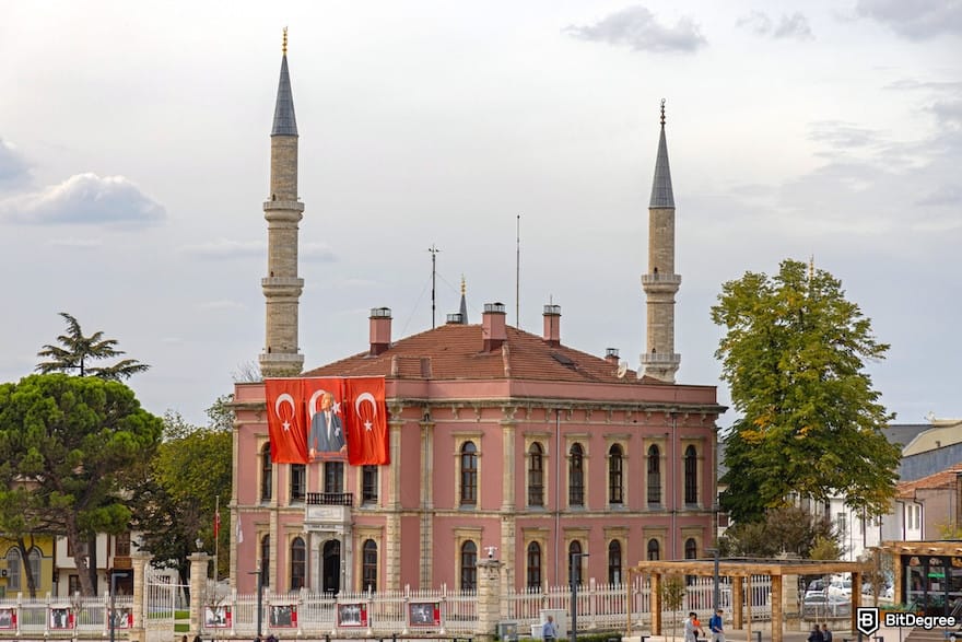 Is PayPal available in Turkey: Edirne Municipality town hall building With Turkish flags.