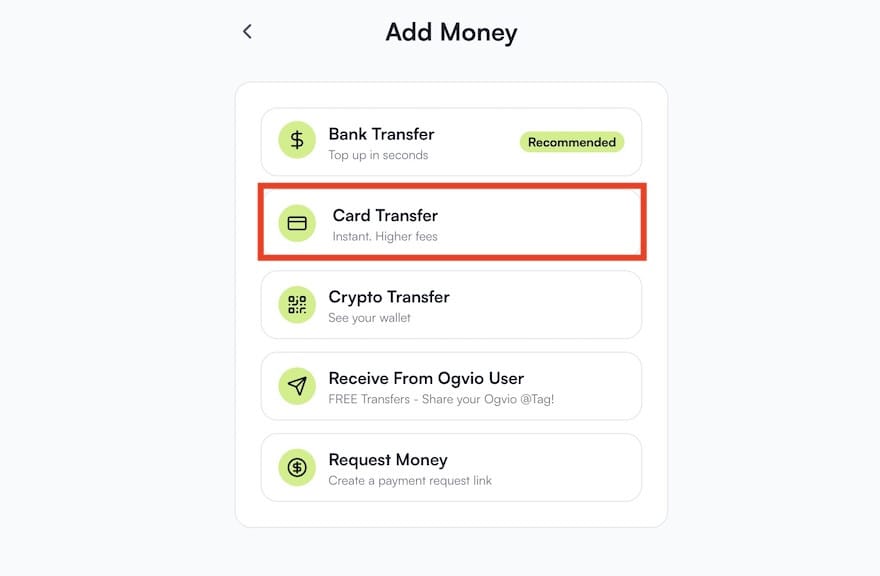 Is PayPal available in Turkey: the [Card Transfer] menu on Ogvio highlighted.