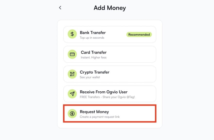 Is PayPal available in Turkey: the [Request Money] menu on Ogvio outlined.