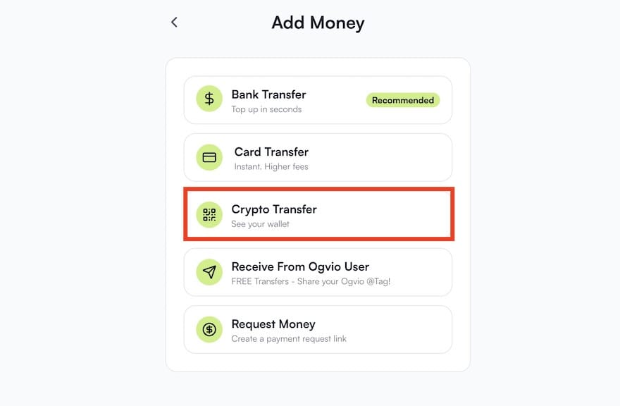 Is PayPal available in Turkey: the [Crypto Transfer] menu on Ogvio outlined.