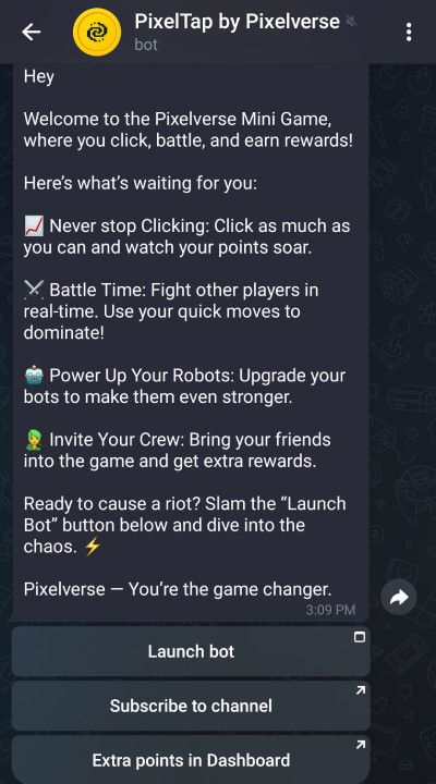 Is PixelTap Legit: a screenshot of PixelTap Telegram bot.