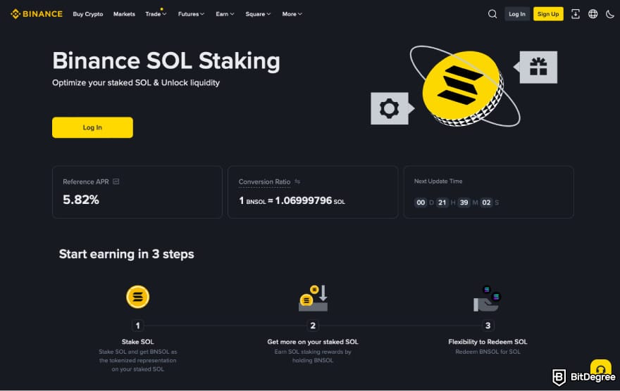 Is Solana dead: a screenshot of Binance SOL staking.