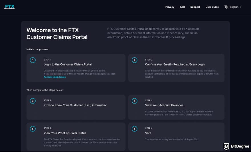 Is Solana dead: a screenshot of the FTX website's claim page.