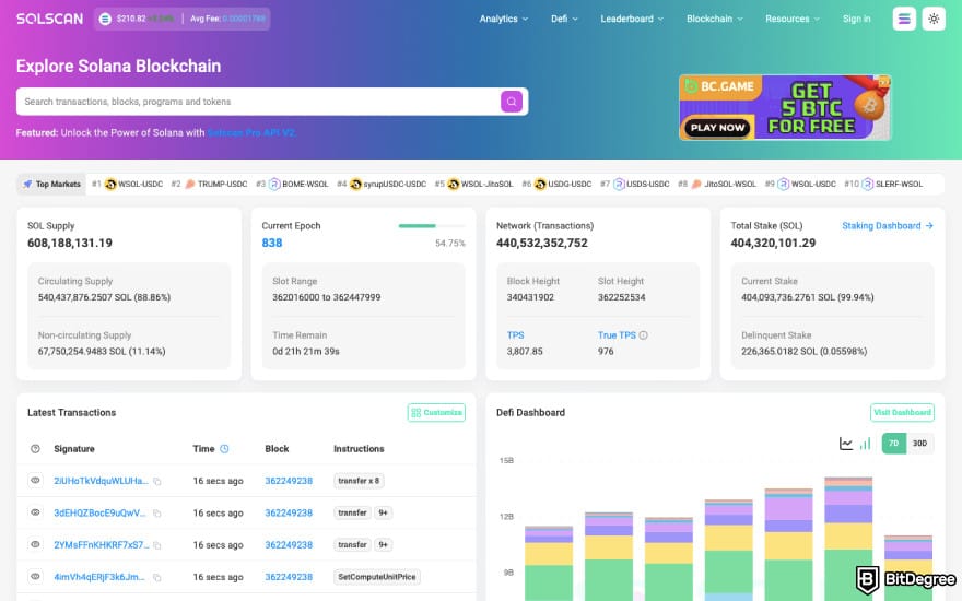 Is Solana dead: a screenshot of Solscan.