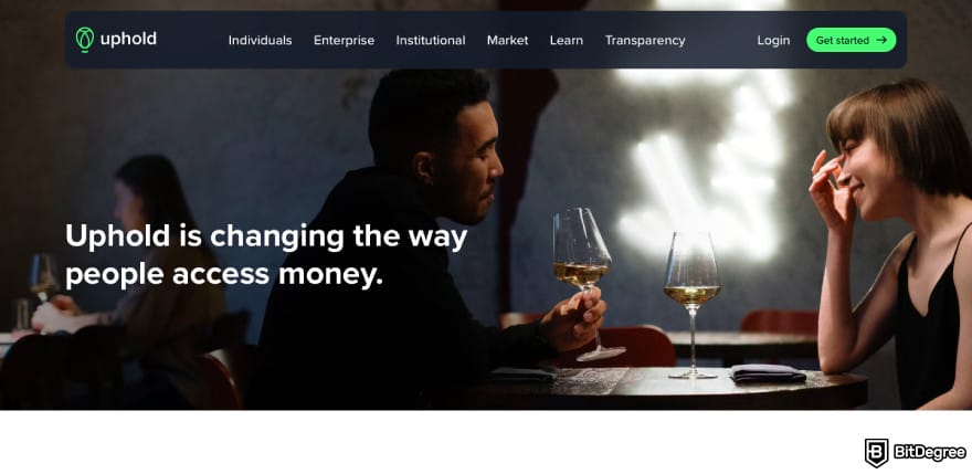 Is Uphold safe: a screenshot of Uphold's landing page.