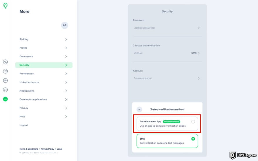 Is Uphold safe: click Authentication App.