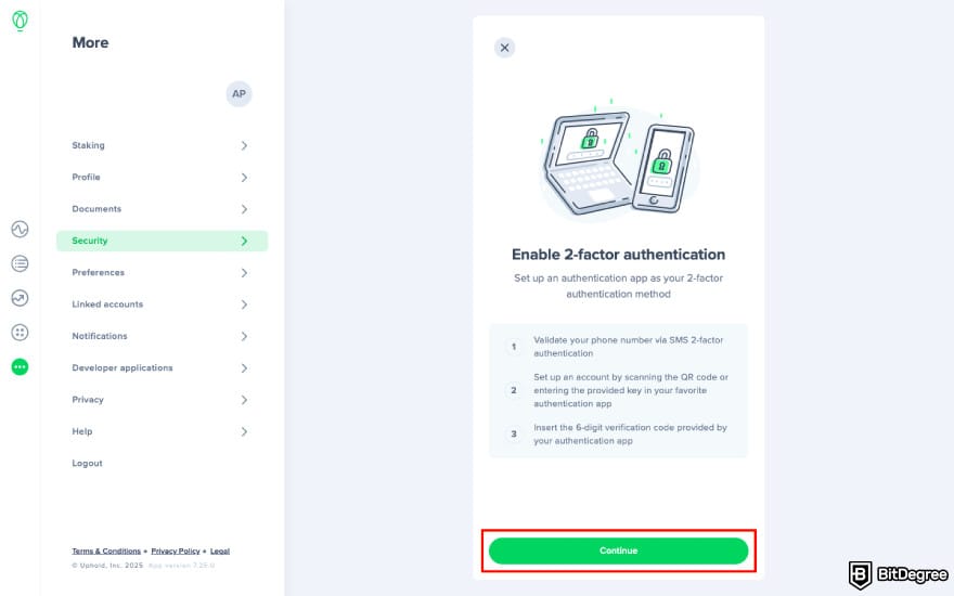Is Uphold safe: click Continue.