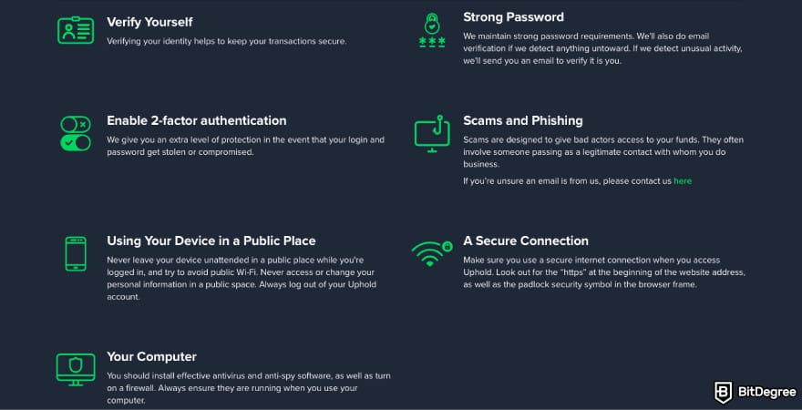 Is Uphold safe: a screenshot of Uphold's security features.