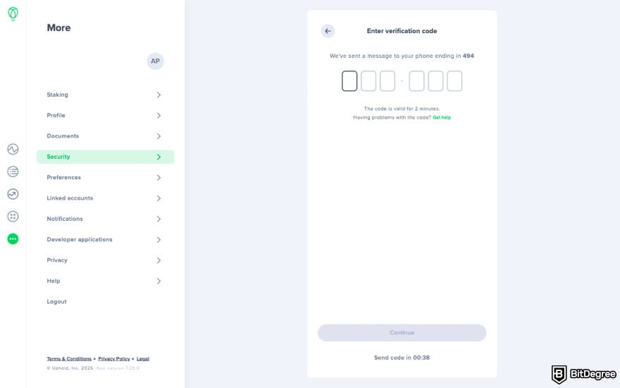 Is Uphold safe: enter the code sent to your phone.