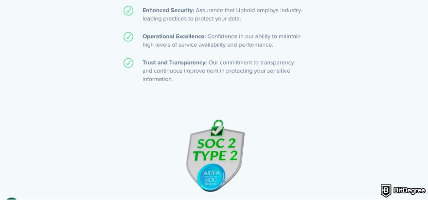 Is Uphold safe: a screenshot of Uphold's SOC Type 2 certification description.
