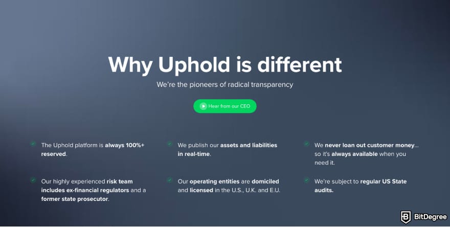 Is Uphold safe: a screenshot of Uphold's transparency description.