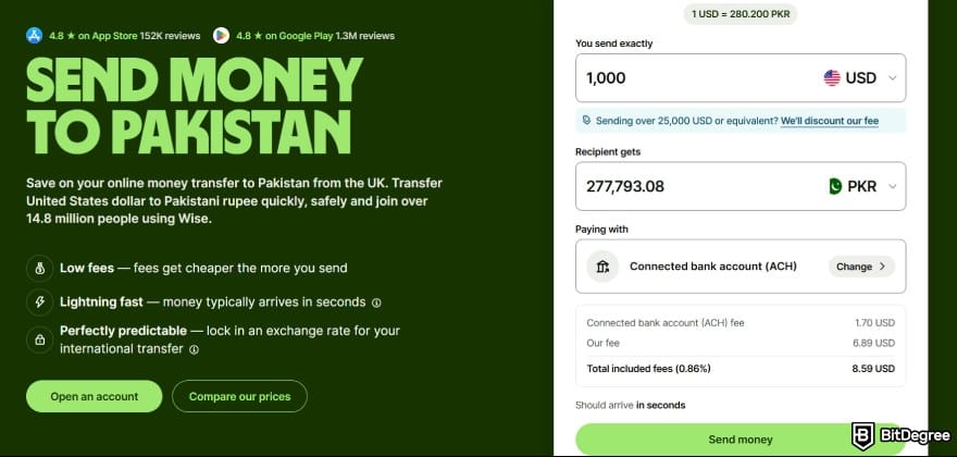 Is Wise available in Pakistan: the website interface when you try to send money to Pakistan.