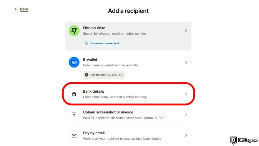 Is Wise available in the Philippines: pick the recipient's type.
