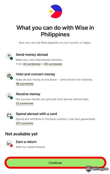 Is Wise available in the Philippines: available features.