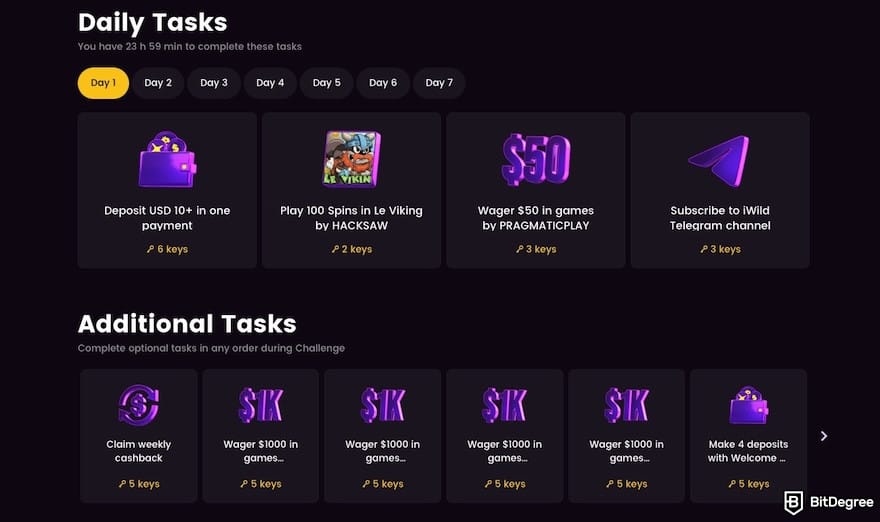 iWild Casino review: daily tasks on the 7 Days of Luck Challenge.