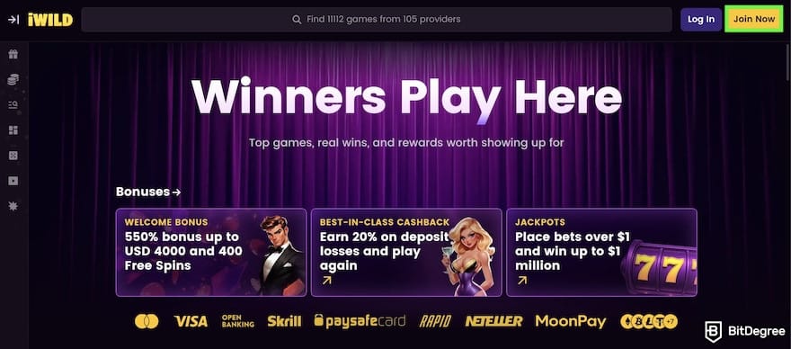 iWild Caisno review: the [Join Now] button on iWild's homepage outlined.