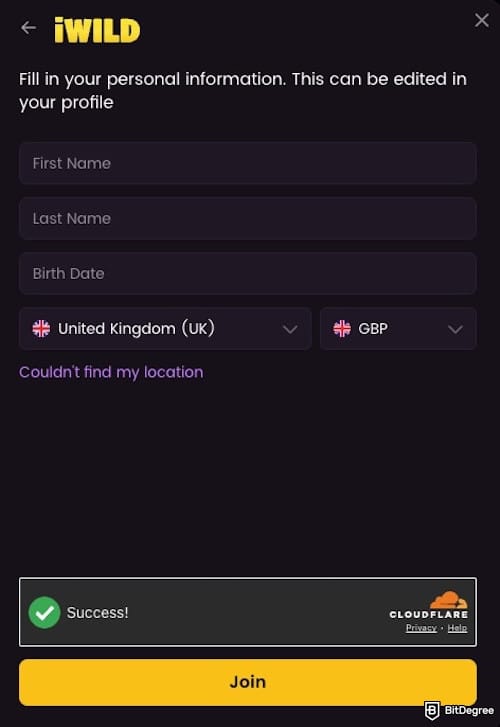 iWild Casino review: iWild's form to enter personal data.