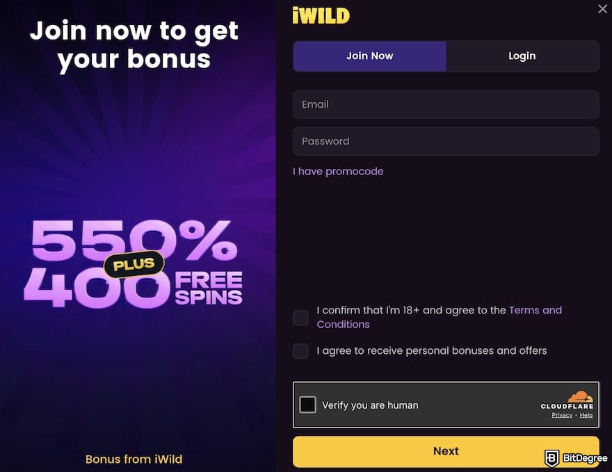 iWild Casino review: sign-up page.