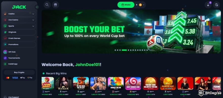Jack.com review: homepage interface of the casino. Jack.com review: homepage interface of the casino.