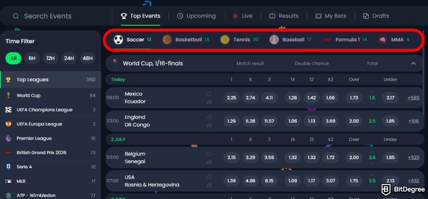 Jack.com review: sport categories on the platform. Jack.com review: sport categories on the platform.