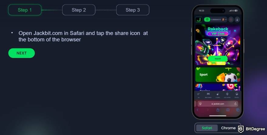 Jackbit casino review: Jackbit showing how to get its browser app on your phone. Jackbit casino review: Jackbit showing how to get its browser app on your phone.