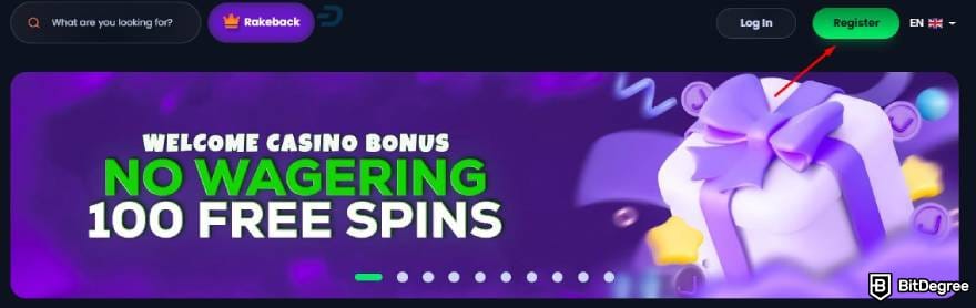 Jackbit casino review: a red arrow pointing to the [Register] button.