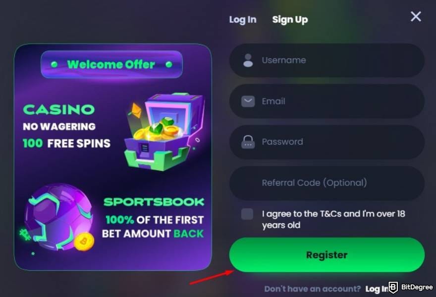 Jackbit casino review: a red arrow pointing to the [Register] button.