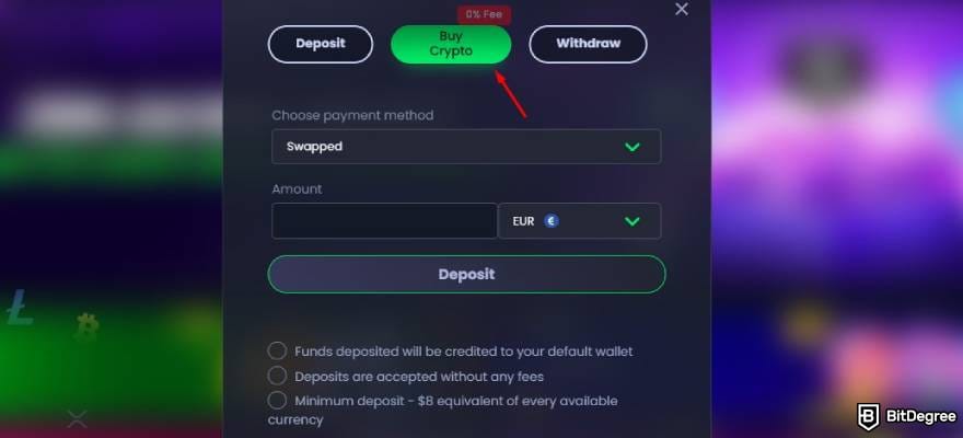 Jackbit casino review: a red arrow pointing to the [Buy Crypto] button.