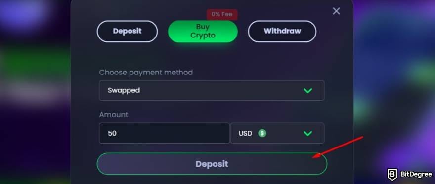 Jackbit casino review: a red arrow pointing to the [Deposit] button.