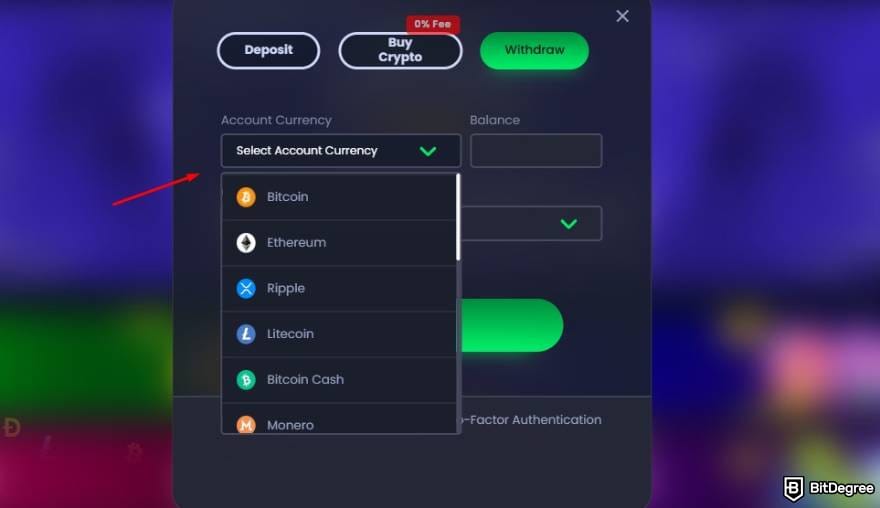 Jackbit casino review: a red arrow pointing to the [Select Account Currency] field.