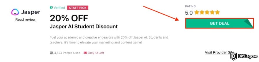 Jasper AI student discount: a red arrow pointing to get deal button.