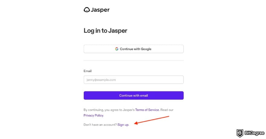 Jasper AI student discount: a red arrow pointing to sign up button.