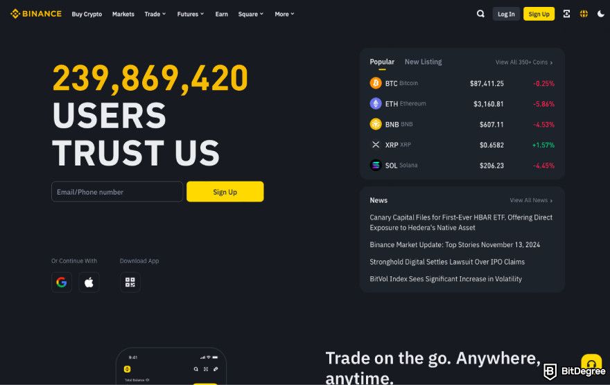 How to create a meme coin: a screenshot of Binance landing page.