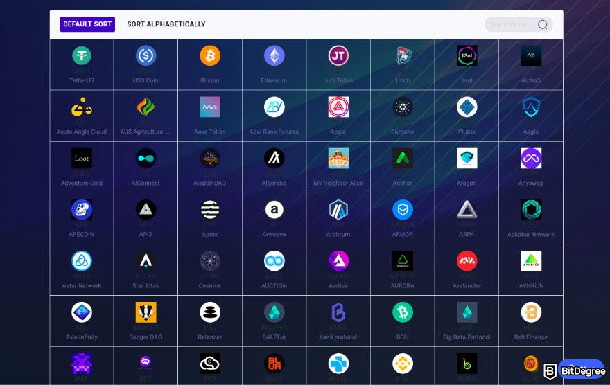 Jubi exchange review: a screenshot of Jubi's coin selection.