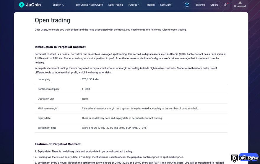 Jubi exchange review: a screenshot of Jubi's future trading contract.