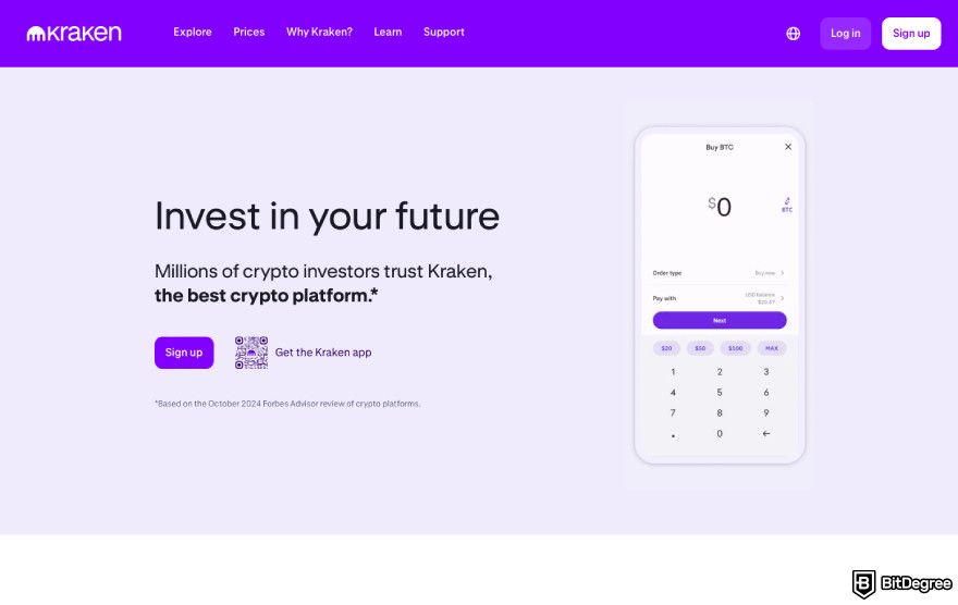 Jubi exchange review: a screenshot of Kraken's landing page.