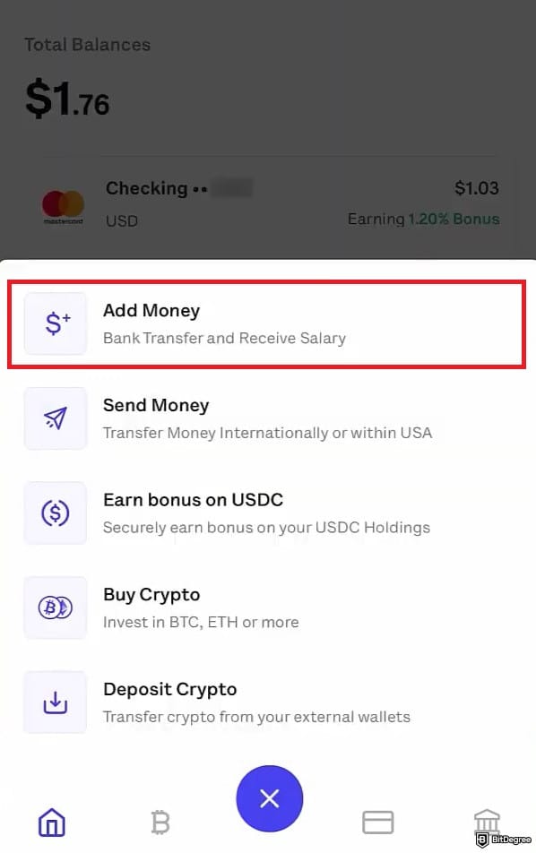 Juno Crypto review: adding money via the Juno app.