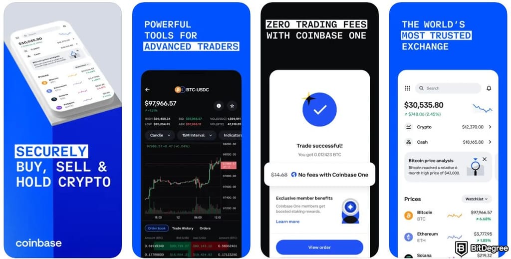 Juno Crypto review: the Coinbase mobile app screenshots.