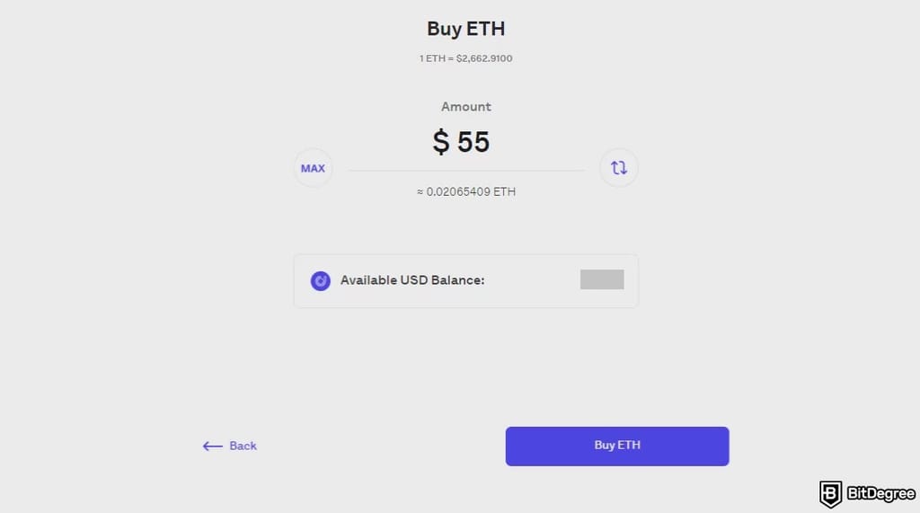 Juno Crypto review: buying ETH on the Juno website.