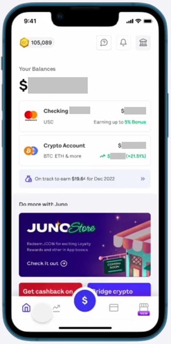 Juno Crypto review: Juno homepage on the mobile app.
