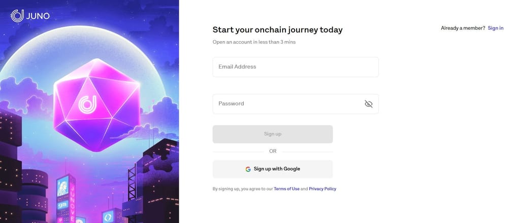 Juno Crypto review: the sign-up form on the Juno website.