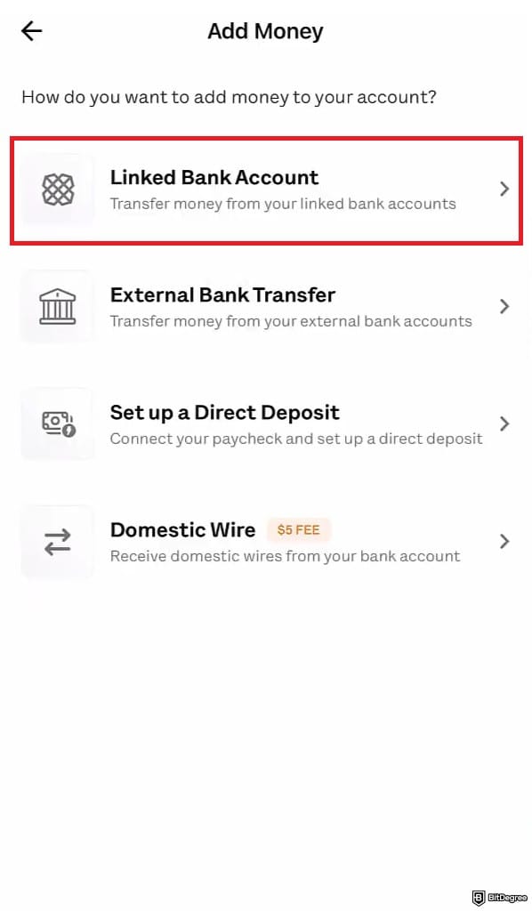 Juno Crypto review: payment methods on Juno with the [Linked Bank Account] menu highlighted.