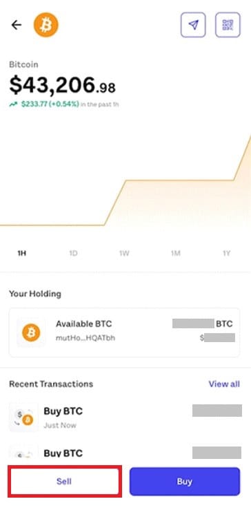 Juno Crypto review: the selling button on the Juno app.