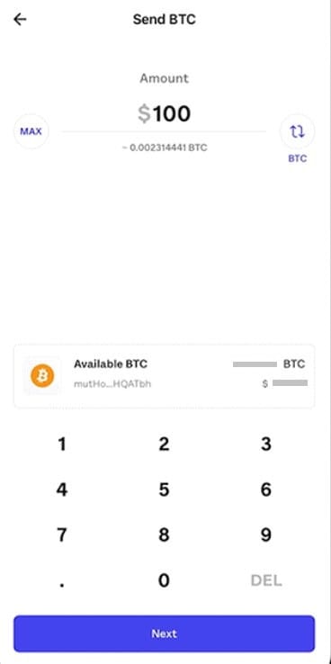Juno Crypto review: entering the BTC amount to sell on the Juno app.