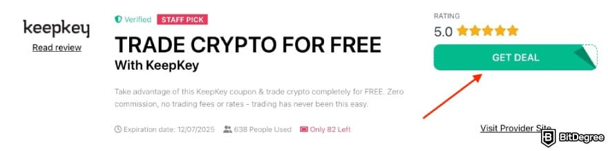 KeepKey Black Friday: a red arrow pointing to the [GET DEAL] button on BitDegree's page.