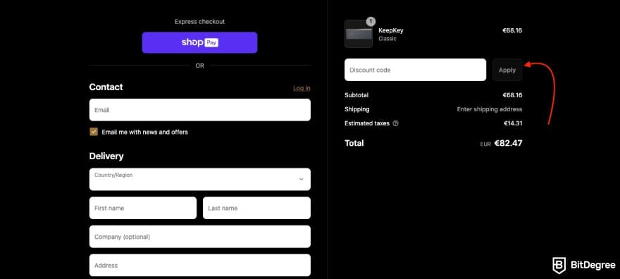 KeepKey discount code: a red arrow pointing to the discount code enter field on KeepKey. KeepKey discount code: a red arrow pointing to the discount code enter field on KeepKey.