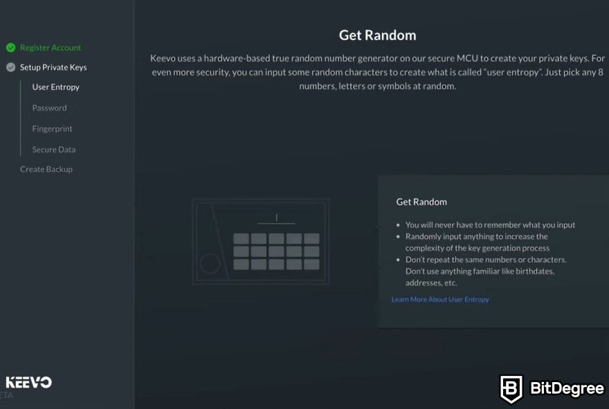 Keevo Wallet review: the Get Random step.