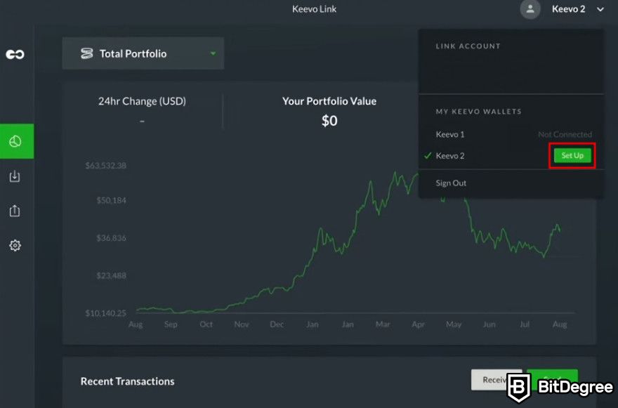 Keevo Wallet review: the Setup button on Keevo desktop software.