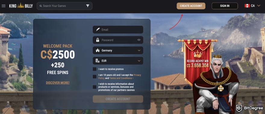 King Billy casino review: a red arrow pointing to the [create account] button on King Billy's homepage.